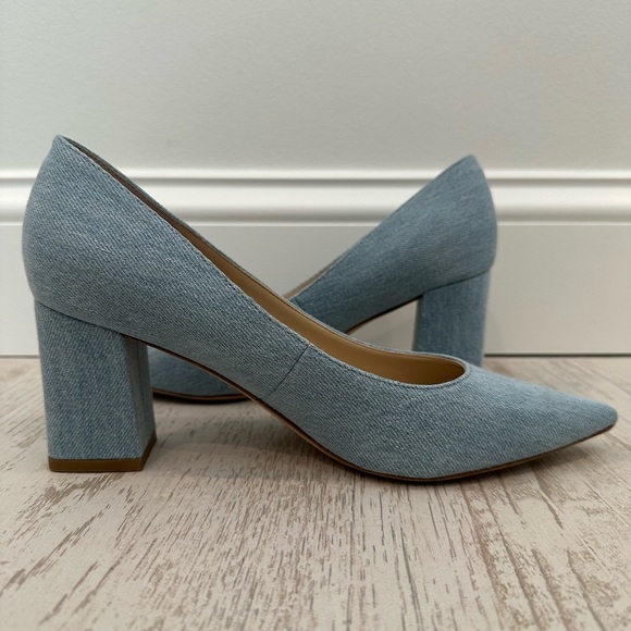 Marc Fisher | ZALA BLOCK HEEL POINTY TOE PUMP | Light Blue Denim | Size 8 - Picture 6 of 12
